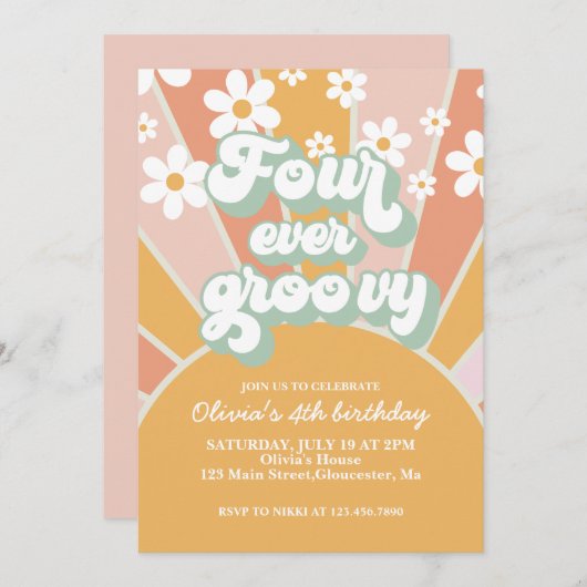 Vier jaar Groovy Sunshine Daisy Kaart (Voorkant / Achterkant)