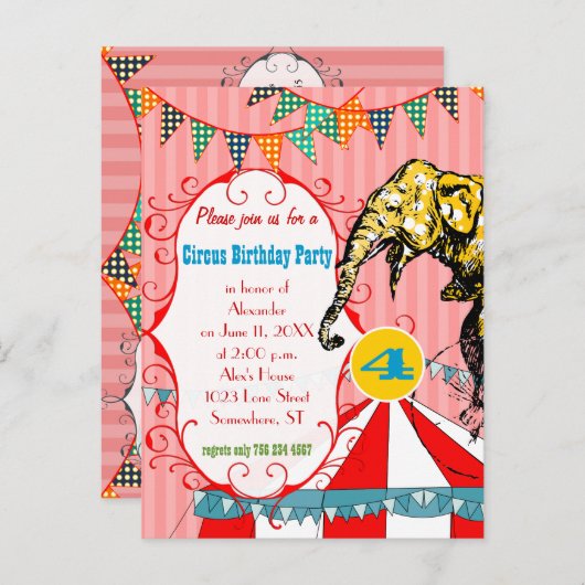 Vier jaar oud Circus Tent Olifant Verjaardagsfeest Uitnodiging Briefkaart (Voorkant / Achterkant)