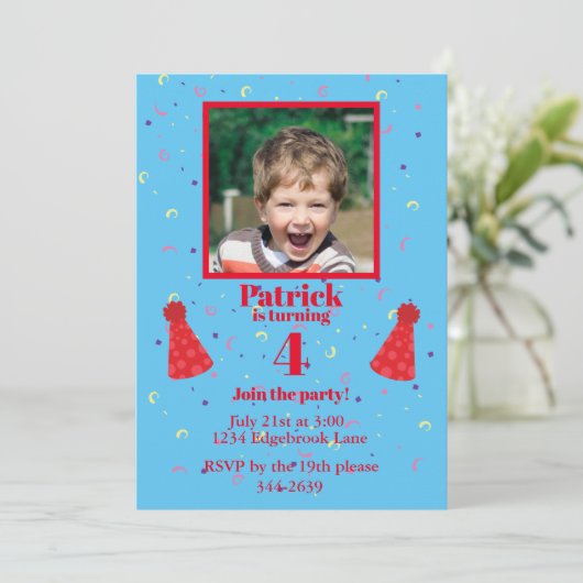 Vier jaar oude jongen confetti blauw Birthday Part Kaart (Staand voorkant)