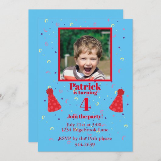 Vier jaar oude jongen confetti blauw Birthday Part Kaart (Voorkant / Achterkant)