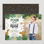 Vier jaar Wild Dino Party Boy Dinosaur Birthday Kaart (Voorkant / Achterkant)