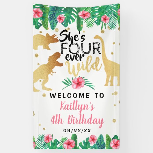 Vier jaar Wild Dinosaur Girls 4e verjaardag Spandoek (Verticaal)