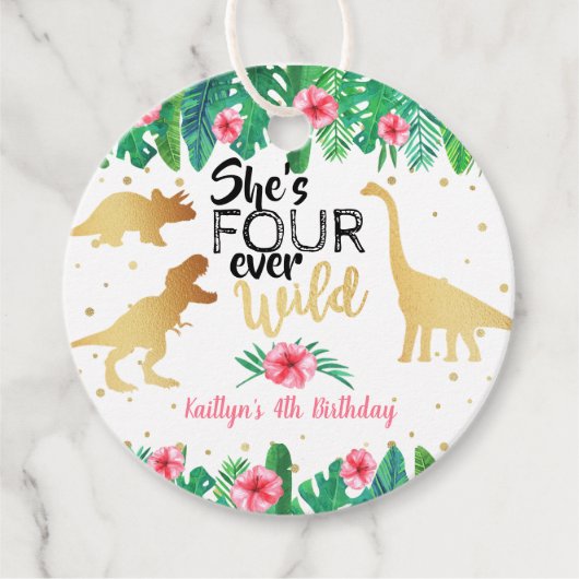 Vier jaar Wild Dinosaur Girls vierde verjaardag Bedankjes Labels (Voorkant)