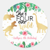 Vier jaar Wild Dinosaur Girls vierde verjaardag Ronde Sticker (Voorkant)