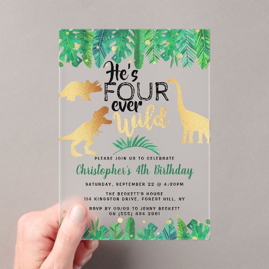 Vier jaar Wilde Dinosaur Boys vierde verjaardag Acryl Uitnodigingen (Insitu (Draagbaar))