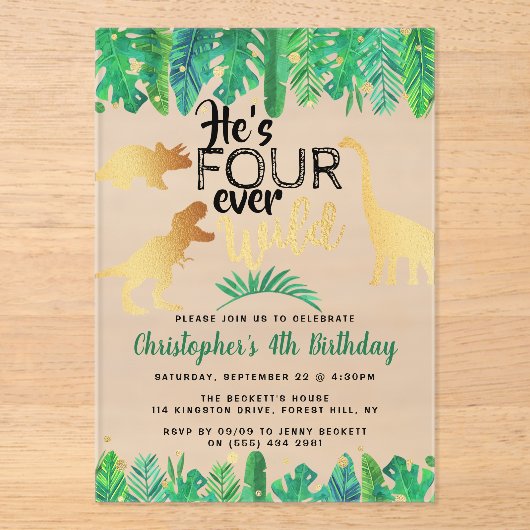 Vier jaar Wilde Dinosaur Boys vierde verjaardag Acryl Uitnodigingen (Voorkant)