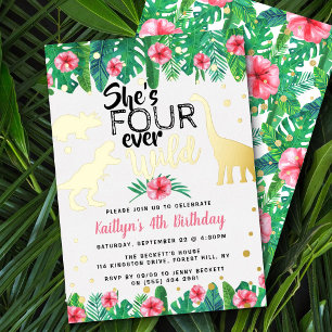 Vier jaar Wilde Dinosaur Girls 4e verjaardag Folie Uitnodiging