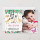 Vier jaar Wilde Dinosaur Girls 4e verjaardag Foto Kaart (Voorkant)