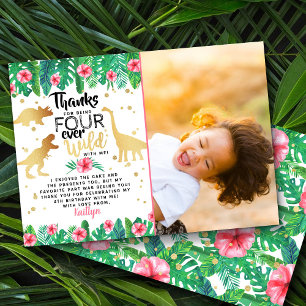 Vier jaar Wilde meisjes Dinosaur 4e verjaardag Fot Bedankkaart