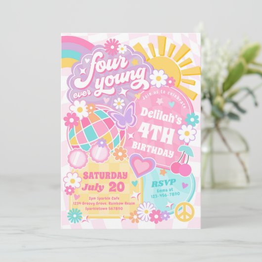 Vier jonge Groovy-regenboog op de vierde verjaarda Kaart (Staand voorkant)