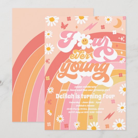 Vier jonge Groovy-regenboog op de vierde verjaarda Kaart (Voorkant / Achterkant)