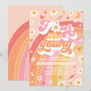 Vier jonge Groovy-regenboog op de vierde verjaarda Kaart