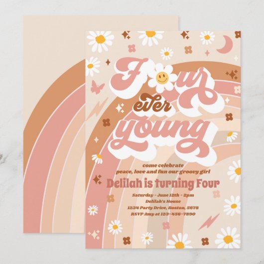 Vier jonge Groovy-regenboog op de vierde verjaarda Kaart (Voorkant / Achterkant)