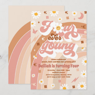 Vier jonge Groovy-regenboog op de vierde verjaarda Kaart