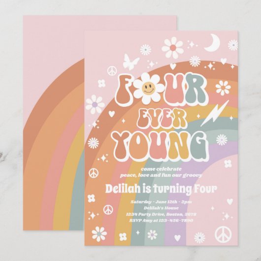 Vier jonge hippie op de vierde verjaardag kaart (Voorkant / Achterkant)