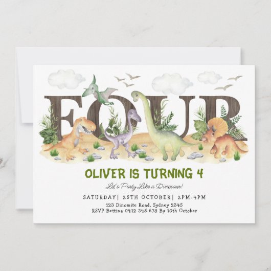 VIER | Jongen Dinosaurs 4e verjaardag Kaart (Voorkant)