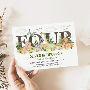 VIER   Jongen Dinosaurs 4e verjaardag Kaart