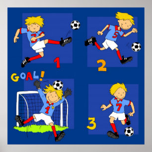 Vier jongens die Soccer spelen Poster