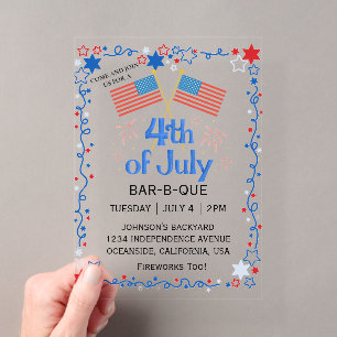 Vier juli Amerikaanse vlag BBQ vuurwerk Acryl Uitnodigingen