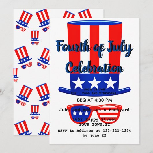 Vier juli feesthoed en -bril kaart (Voorkant / Achterkant)