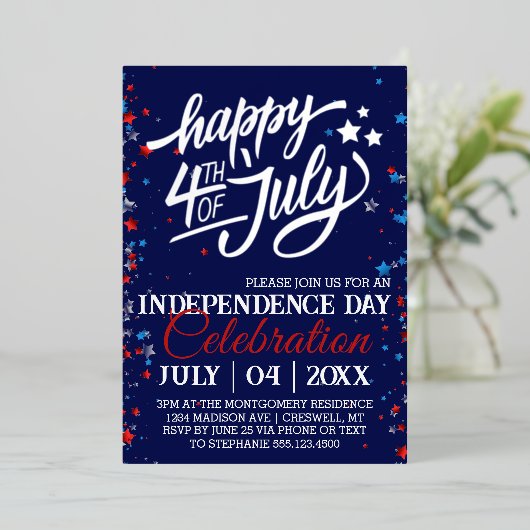 Vier juli-feeststerren folie uitnodiging (Staand Voorkant)