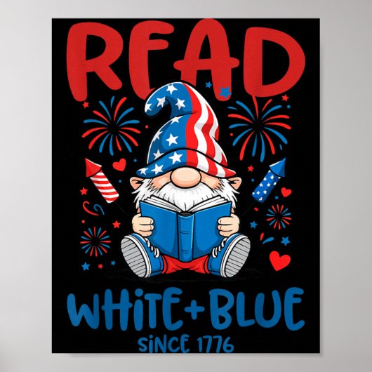 Vier juli Lees Wit Blauwe Gnome Vuurwerk Boek Poster (Voorkant)