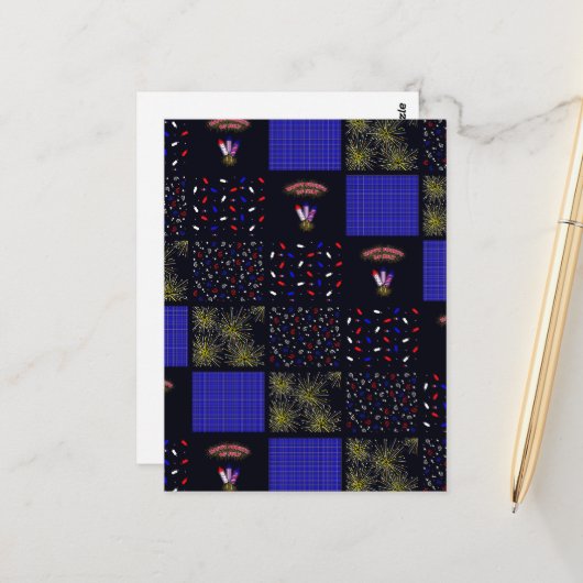 Vier Juli Patchwork Patroon - 4 juli Briefkaart (Voorkant / Achterkant in situ)