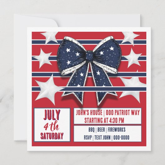 Vier juli patriottische rode witte blauwe uitnodig kaart (Voorkant)