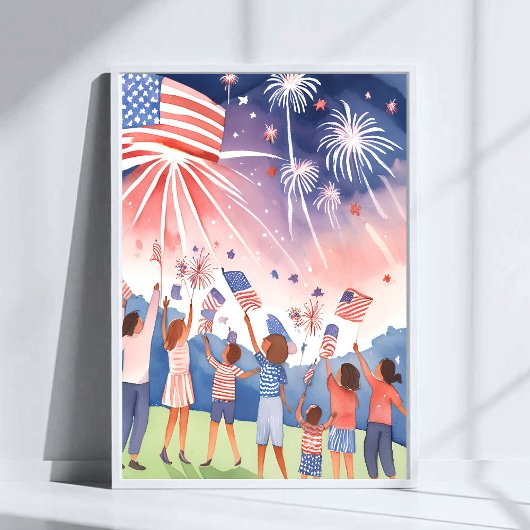Vier Juli Vuurwerk | Aquarel VS Vlag Poster