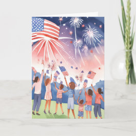 Vier juli vuurwerk | Waterverf VS Vlag Feestdagen Kaart