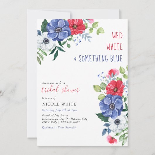 Vier juli woensdags Wit Iets Blauws Bruidsfeestje Kaart (Voorkant)