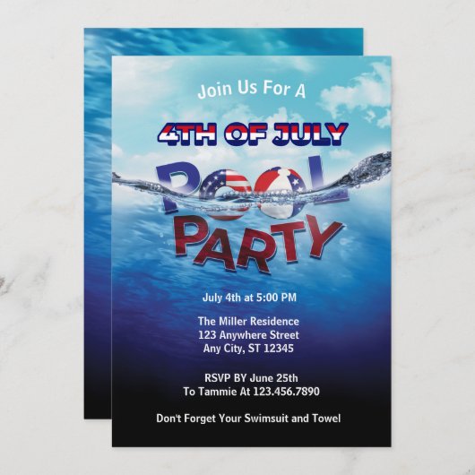 Vier Juli Zwembad Feestje  Kaart (Voorkant / Achterkant)