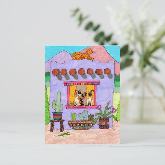 Vier Katten bij het Paarse Huis van Adobe Briefkaart (Staand voorkant)
