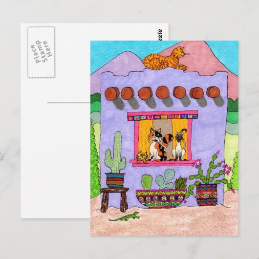 Vier Katten bij het Paarse Huis van Adobe Briefkaart (Voorkant / Achterkant)