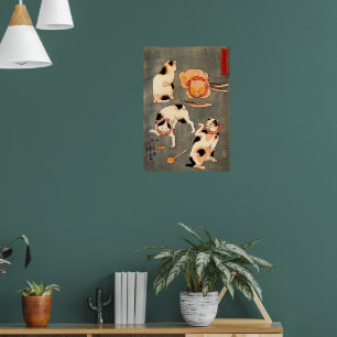 Vier katten in verschillende poses die Japans illu Poster