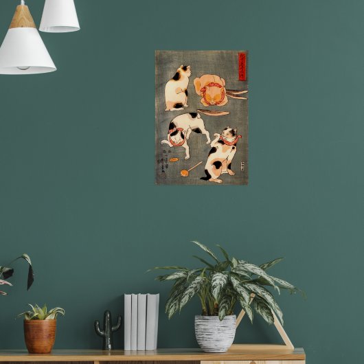 Vier katten in verschillende poses die Japans illu Poster (Woonkamer 1)