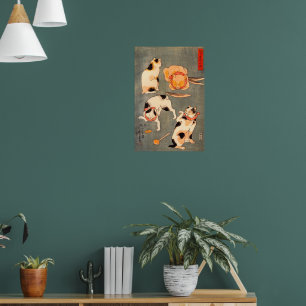 Vier katten in verschillende poses die Japanse spr Poster