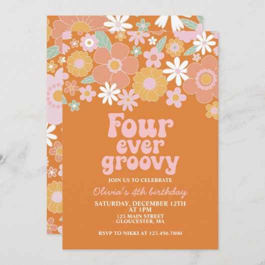 Vier keer 4 jaar oud op Groovy Retro Kaart (Voorkant / Achterkant)