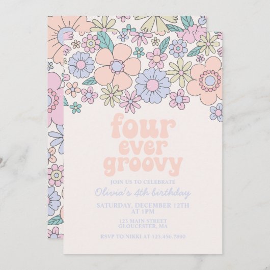 Vier keer 4 jaar oud op Groovy Retro Kaart (Voorkant / Achterkant)