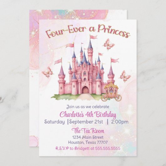 Vier keer een prinses 4e verjaardag kaart (Voorkant / Achterkant)