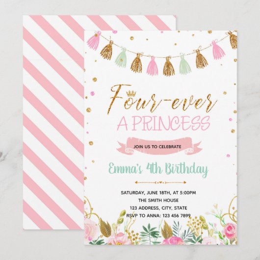 Vier keer een Prinses verjaardag uitnodiging (Voorkant / Achterkant)