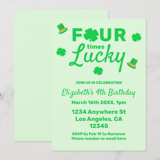 Vier keer gelukkige 4e verjaardag kaart (Voorkant / Achterkant)