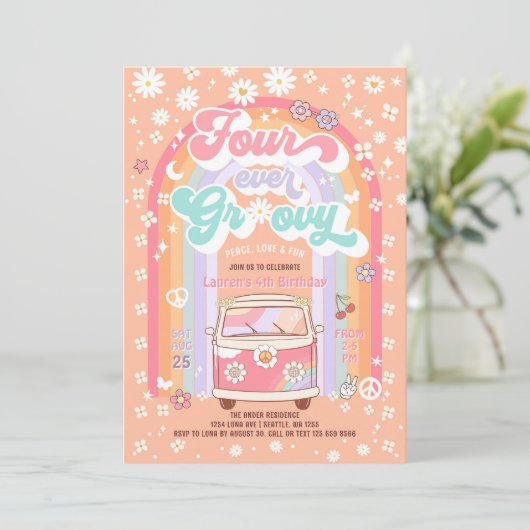 Vier keer Groovy Daisy Groovy 4e verjaardag Kaart (Staand voorkant)