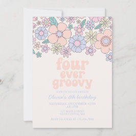 Vier keer Groovy Retro Bloemen 4de verjaardag Kaart