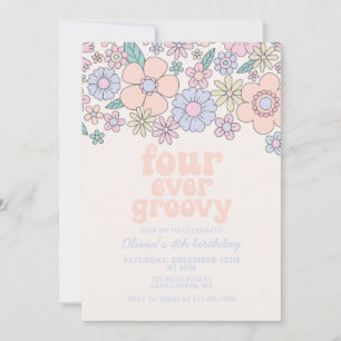 Vier keer Groovy Retro Bloemen 4de verjaardag Kaart