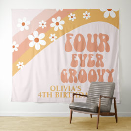 Vier keer Groovy Retro Daisy 4e verjaardag banner Wandkleed
