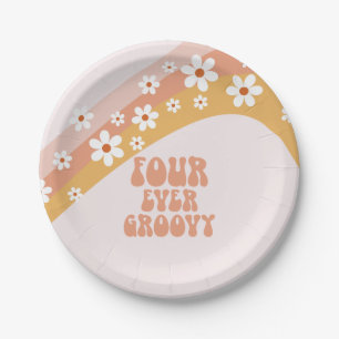 Vier keer Groovy Retro Madeliefje Regenboog 4de Ve Papieren Bordje