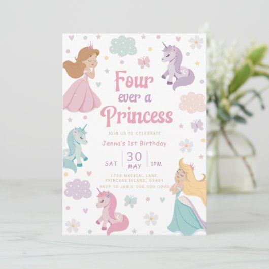 Vier keer Prinses Uitnodiging. Voor altijd een Pri Kaart (Staand voorkant)