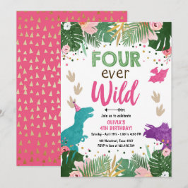 Vier keer Wild Dino Girl Pink Dinosaur Birthday Kaart