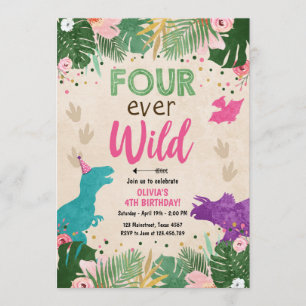 Vier keer Wild Dino Girl Pink Dinosaur Birthday Kaart